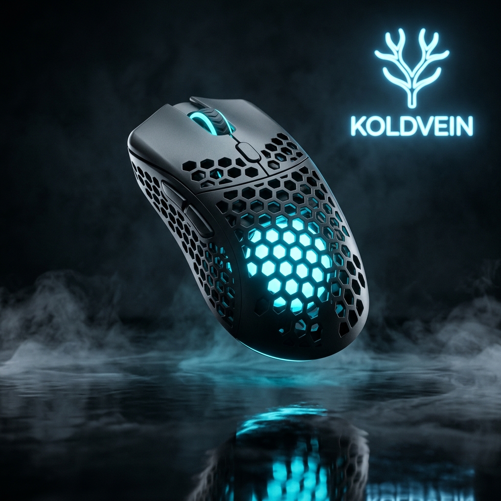 PULSE LITE ultralight mouse with cold blue light through its honeycomb shell